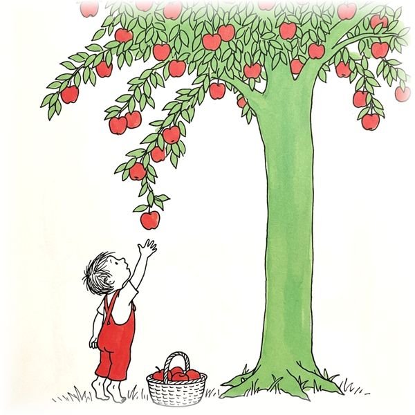 The boy reaching for a falling apple beside a basket