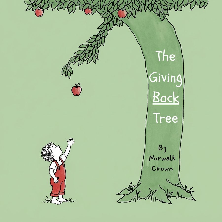 Cover of The Giving Back Tree by Norwalk Crown: a boy in red overalls reaching for an apple under a green tree