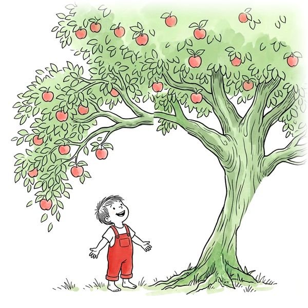 The boy looking up at the apple tree
