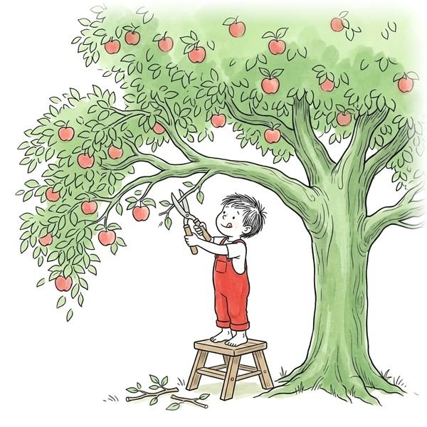 The boy on a stool pruning the tree
