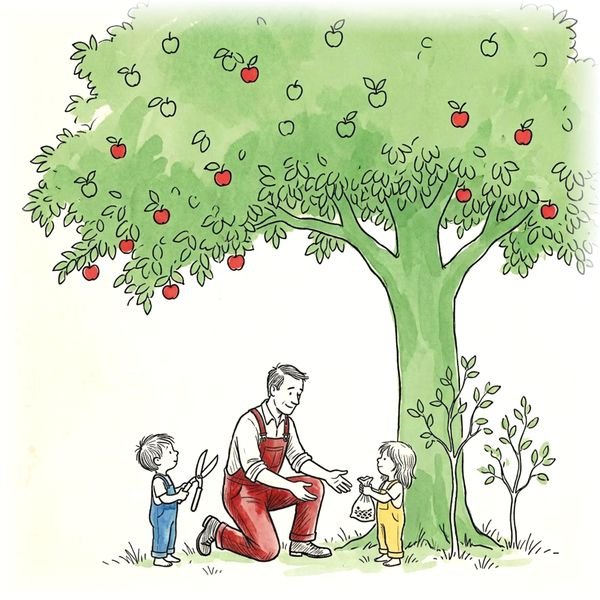 The grown boy handing shears and seeds to his son and daughter